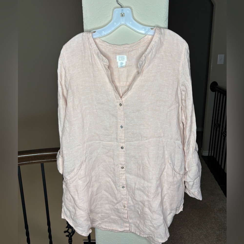 Sigrid Olsen Light Pink Tunic Top 100% Linen Lagenlook Breathable Natural Size M